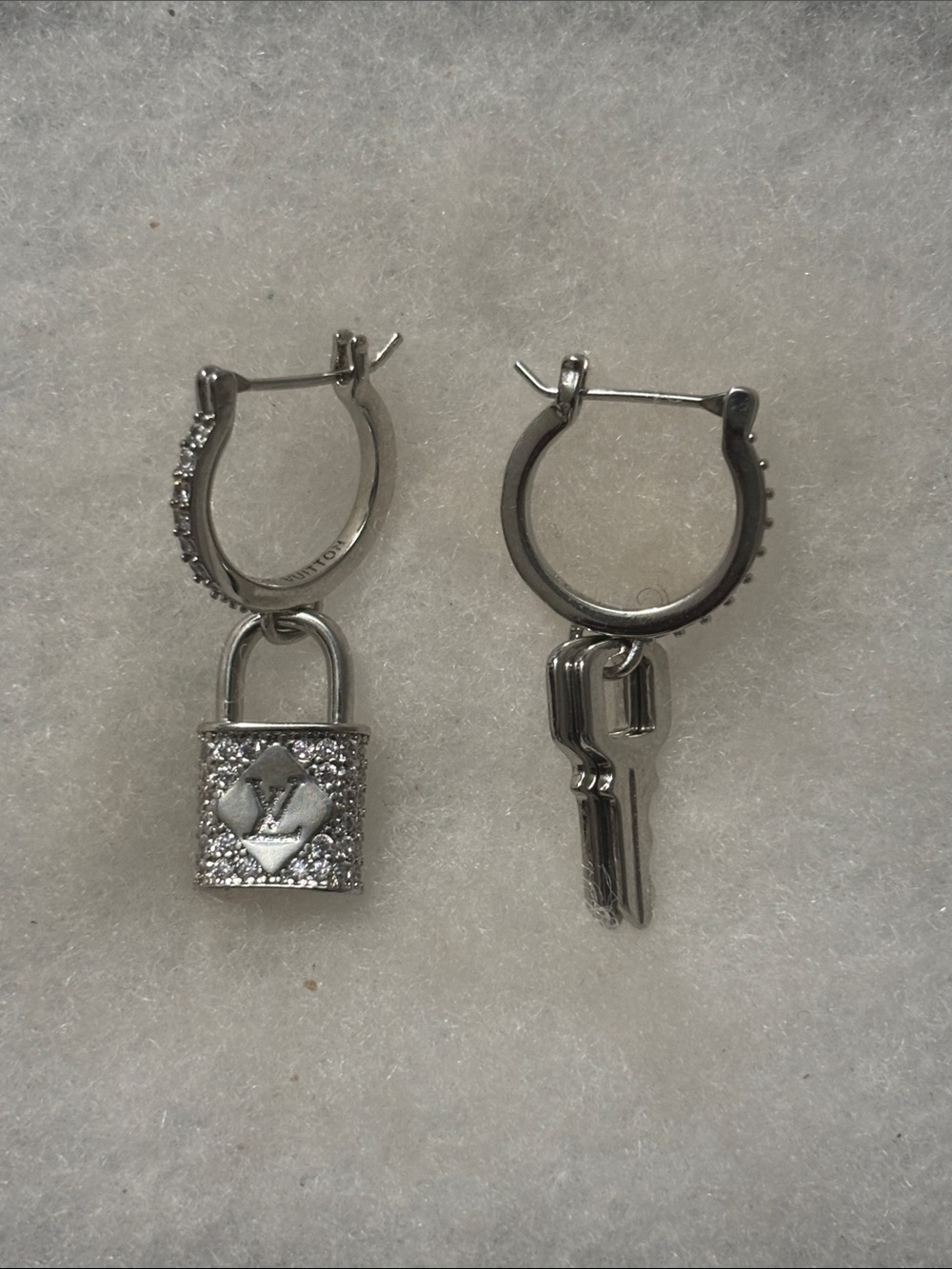 LV Silver Padlock and Key Drop Earrings